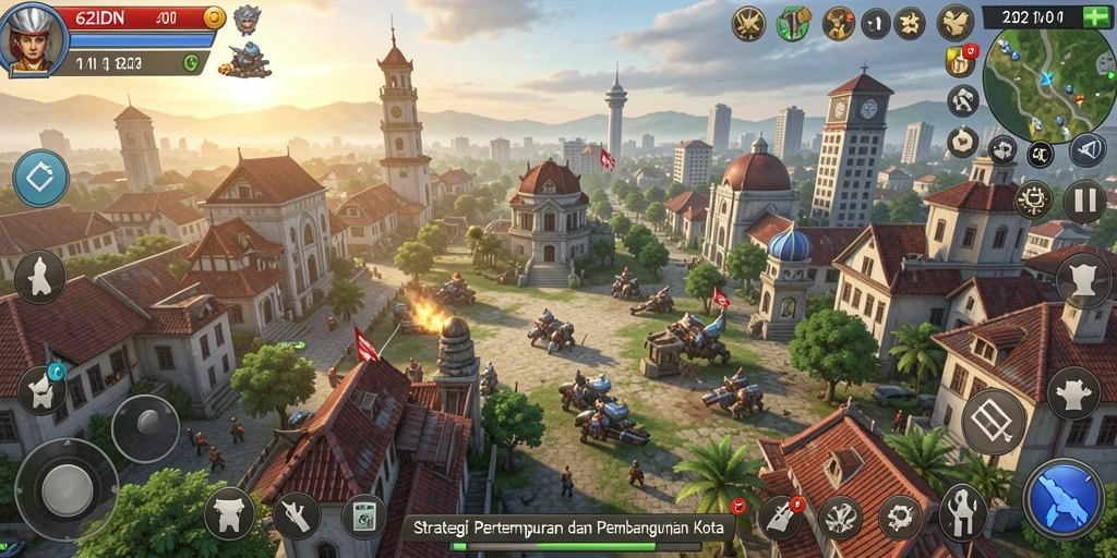 Gambar gameplay SLG yang menunjukkan pertempuran antar kota.