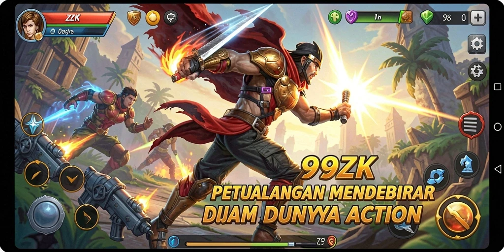 Tampilan gameplay mendebarkan dari 99ZK dengan berbagai karakter dan senjata.