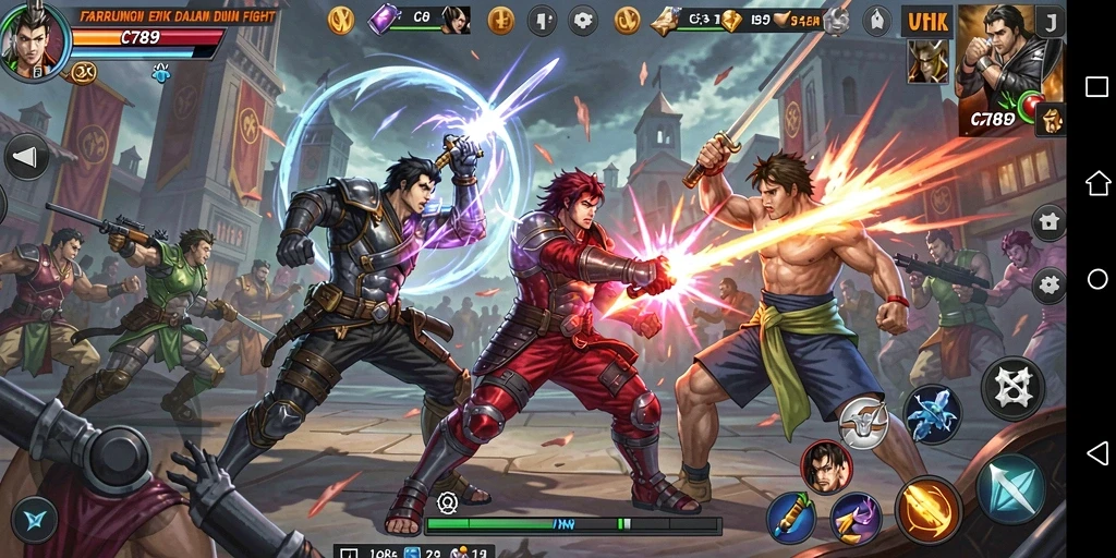 Tangkapan layar gameplay C789 menampilkan pertarungan seru dan karakter beragam.