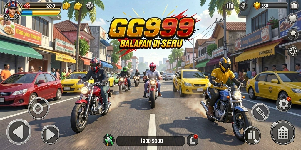 Tampilan gameplay GG999 dengan adrenalin tinggi dan kendaraan balap.