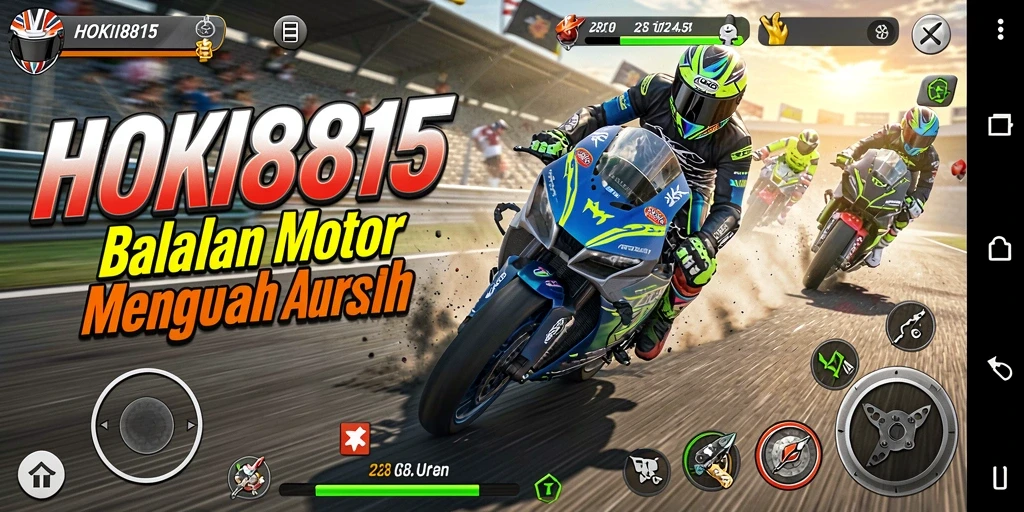 Tampilan gameplay HOKI8815 dengan balapan motor mendebarkan.