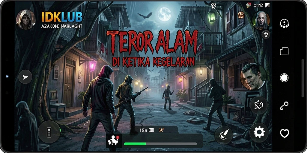 Tangkapan layar gameplay IDKLUB menampilkan momen menakutkan dalam suasana seram.