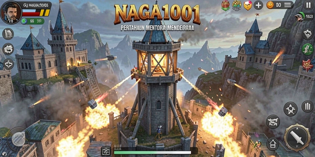 Screenshot gameplay NAGA1001 yang menunjukkan aksi menara pertahanan.