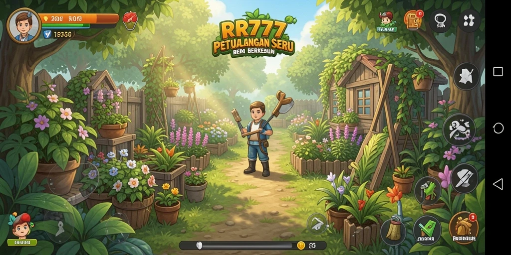 Tampilan gameplay RR777 yang penuh warna dan menarik dari aktivitas berkebun.