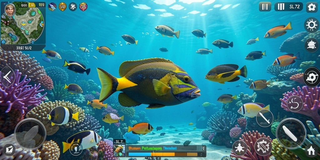 Tampilan gameplay menarik dari SL72 dengan ikan berwarna-warni.