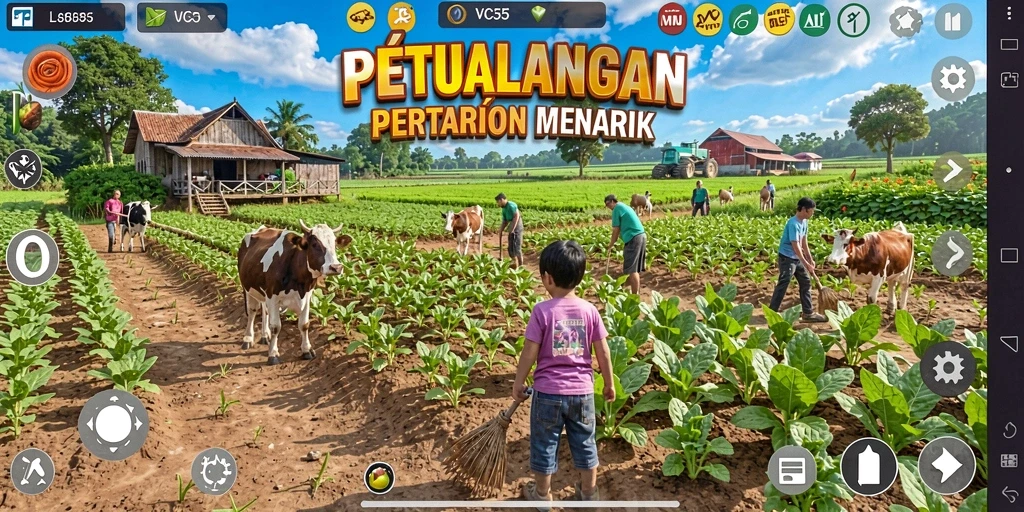 Tampilan gameplay VC55 yang menunjukkan aksi pertanian yang menarik.