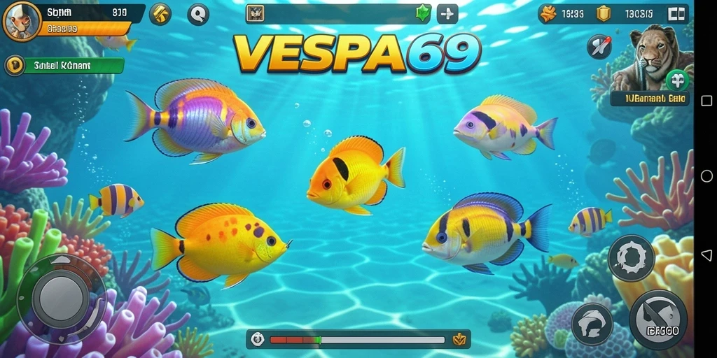 Tampilan gameplay VESPA69 dengan aksi menembak ikan yang mendebarkan.