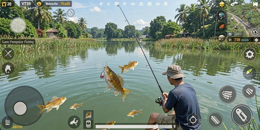 Gameplay menarik di VT38 saat menangkap ikan di lokasi yang indah.