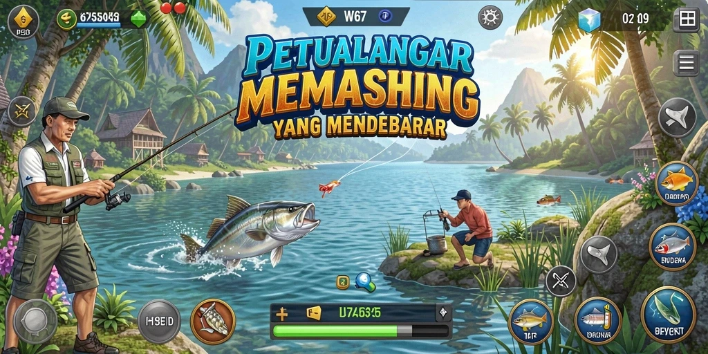 Tampilan gameplay W67 menampilkan pengalaman memancing yang sangat realistis.