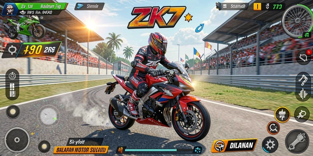 Screenshot dari gameplay ZK7 yang menunjukkan balapan motor mengasyikkan.